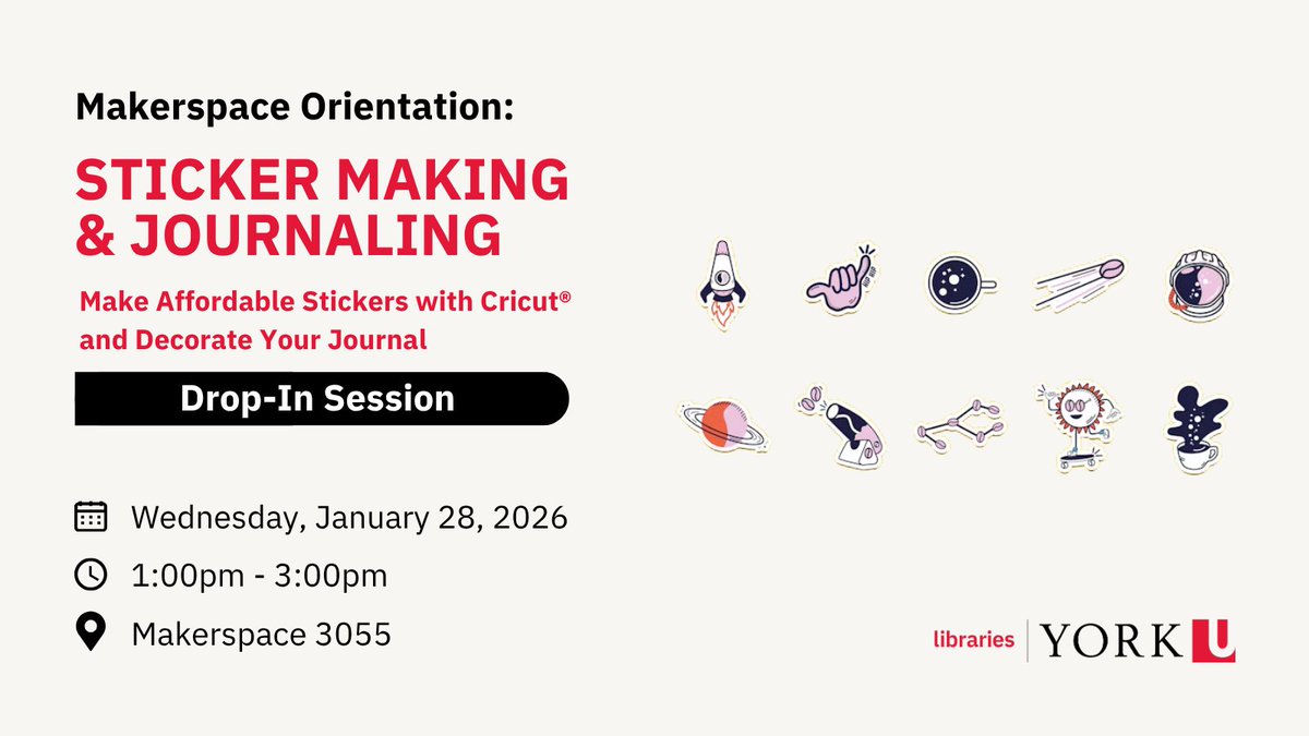 yorkulibraries's tweet photo. Through a hands-on approach, participants will learn the basics of Cricut Design Space, material selection, cutting techniques, and how to integrate their custom stickers into personal journals!

Register now: https://t.co/czrUVcn5ne

#YorkU #Makerspace #StickerMaking #Journaling https://t.co/6peW74A5Az