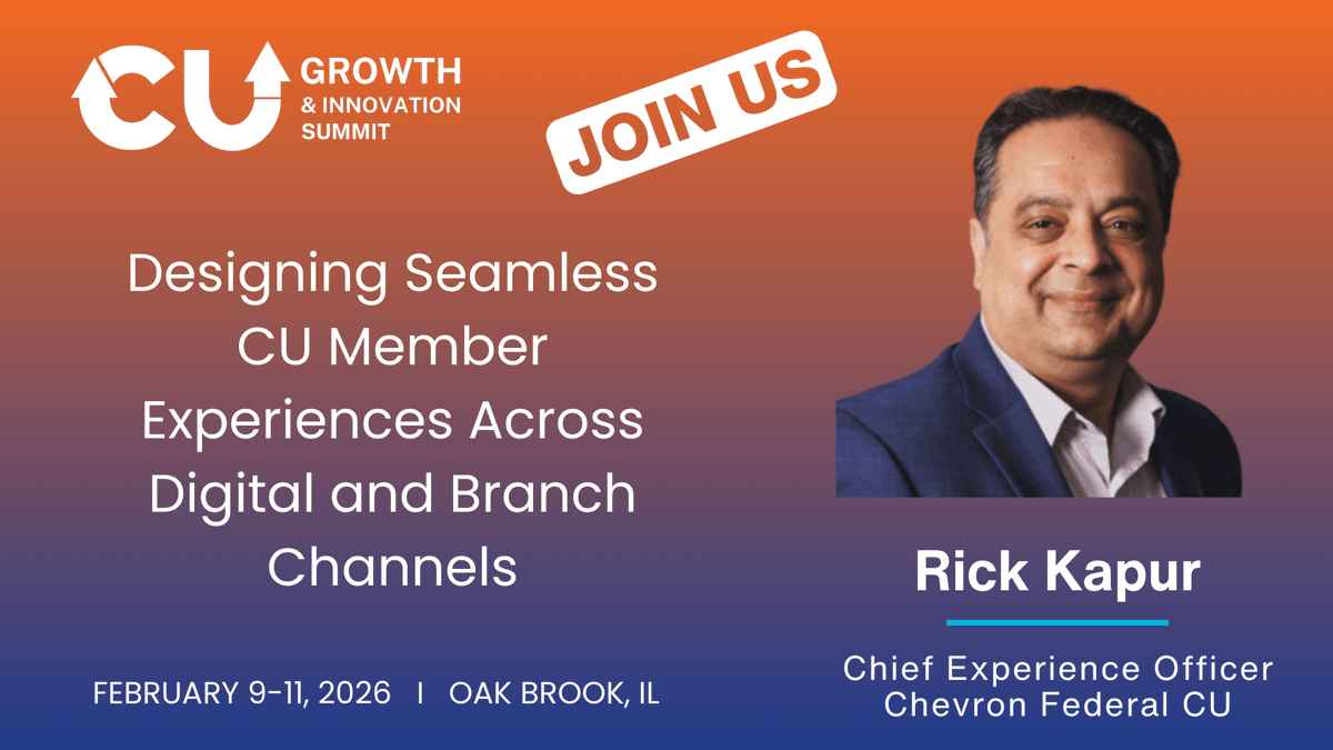 CUGrowthSummit's tweet photo. 🎯 Member experience isn't one channel—it's every channel.

Rick Kapur of Chevron Federal CU joins #CUGI26 to share strategies for seamless digital + in-branch journeys.

🗓 Feb 9–11, 2026 | Oak Brook, IL
🔗 https://t.co/CQUCtrTGKC

#CreditUnions #CX https://t.co/HRMoNO6FQP