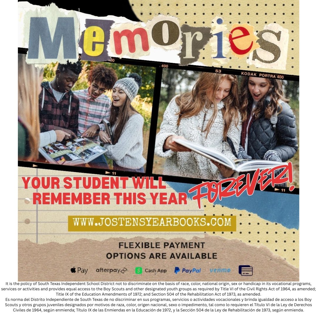 Last chance to order a yearbook! Deadline to order a yearbook is March 1st. No extra copies will be ordered. Online sales only.

Use the link below to purchase:
loom.ly/AfgcR0M

For questions Please email maritza.garza@stisd.net.