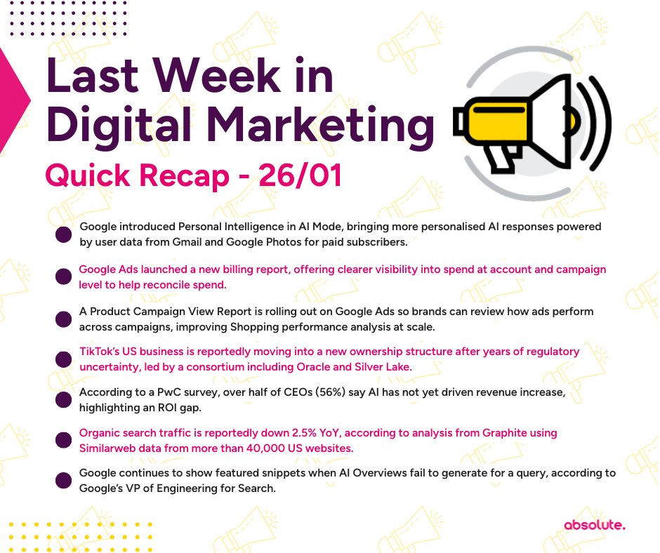 📊 Weekly Marketing Roundup (19-26 Jan)

🤖 Google launches Personal Intelligence in AI Mode
💳 New Google Ads Billing Report rolls out
🛍️ Product Campaign View Report added to Google Ads
📱 TikTok US deal reportedly finalised
📉 56% of CEOs say AI hasn’t boosted revenue
🔍