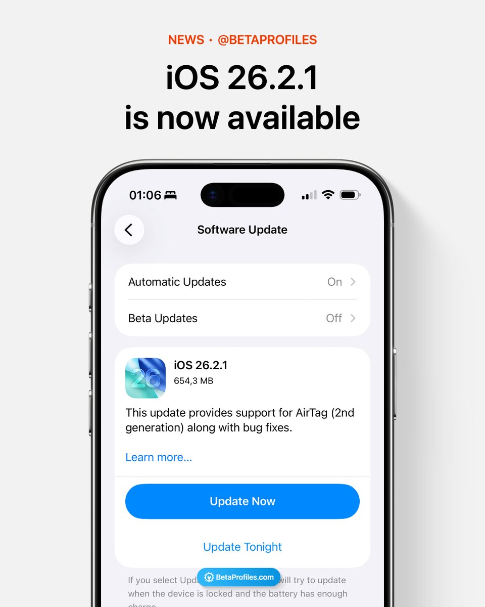 BetaProfiles's tweet photo. Apple has released iOS 26.2.1. https://t.co/HS8uh6EvVB