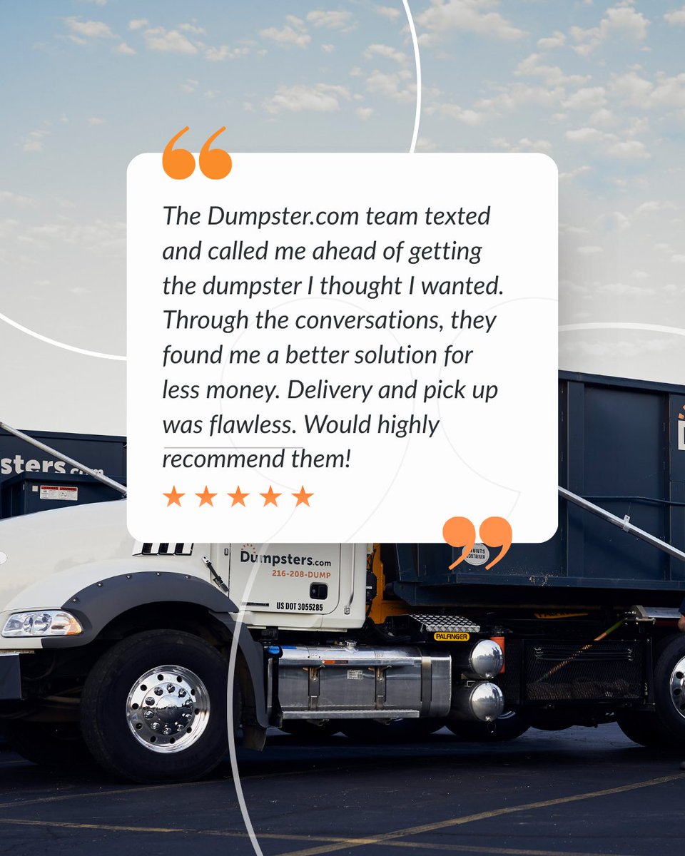dumpstersdotcom's tweet image. Reliable service, responsive support and on-time delivery — that’s how Dumpsters.com makes every project smoother.

We appreciate our customers’ feedback as we continue to refine our service.  

#CustomerReviews #wasteremoval #ProfessionalService