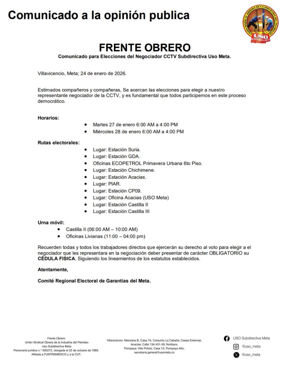 ¡A votar por la representación sindical!

Este 27 y 28 de enero elegimos al negociador de la CCTV en la USO Meta.

⏰ 6:00 a. m. a 4:00 p. m.
🪪 Lleva tu cédula física (obligatoria).

¡Sin participación no hay conquistas!