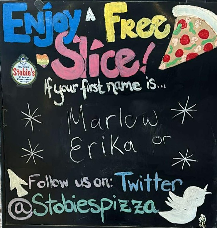 Enjoy a free🍕today if your first name is🥁🥁🥁🥁 Marlow or Erika
•
🍕
•
🍕
#Marlow #Erika #namedayslice #kingofthebigslice®️👑
delivery starts at 11 AM 
Call 519-432-2228 or click or Uber Eats or DoorDash
☎️📲💻🍕🍗🌯🥟🥗🚗😍
🍕