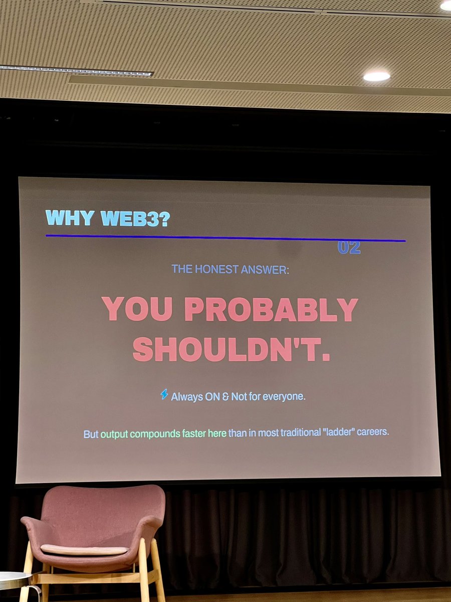 probably my favorite part from <a href="/Wigby/">Wigby 𓊝</a> talk at <a href="/AthensDAOx/">AthensDAOx</a> 

such a reality check

if you want to work in the space you need to be ready to put in the work and be constantly available across multiple timezones

on the other hand “output compounds faster” is so true 🙌🏻