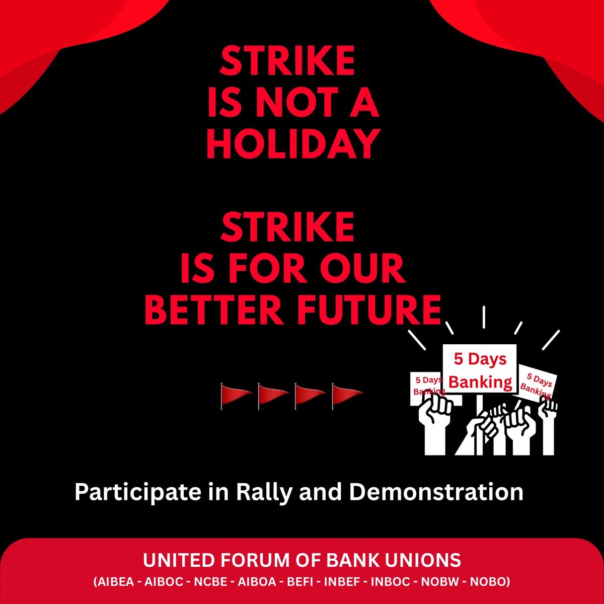 Participate in Rally and Demonstrations..

March on for All India Strike..🚩

#BankersDemand5DayWeek
#UFBU
#AIBEA