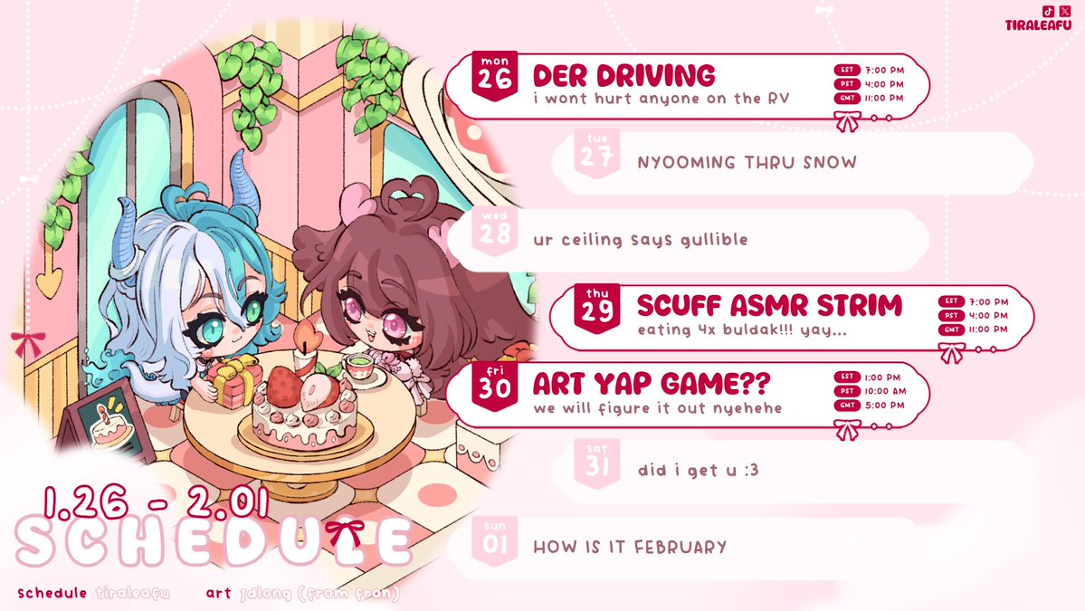 tiraleafu's tweet image. ⋅˚₊‧🦌୨ schedule ➜ 1/26 - 2/01 ୧🎀‧₊˚ ⋅  

remember the last time i posted my schedule on twitter? i don't

╰› twitch.tv/tiraleafu