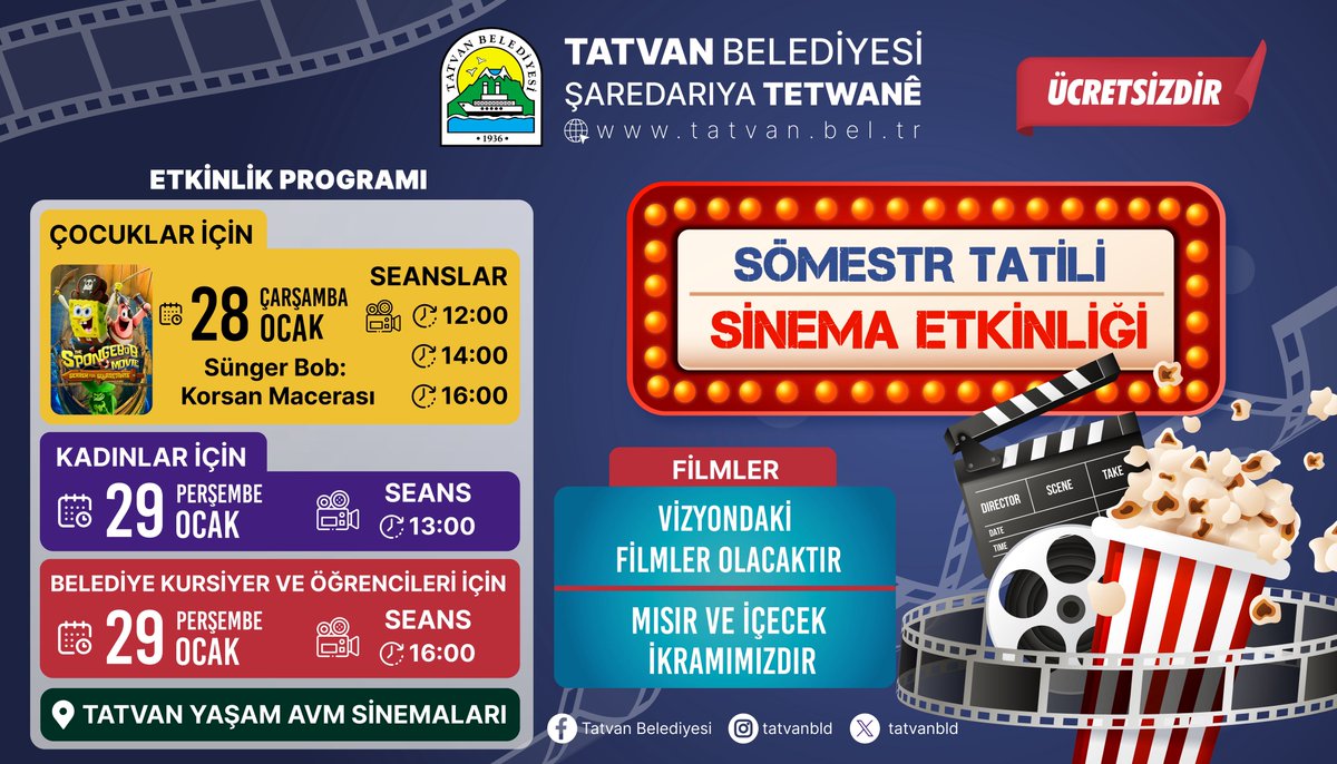 Şaredariya Tetwanê Çalakiyên Sînemayê yên Betlaneya Somesterê Radigihîne!

Wekî Şaredariya Tetwanê, em ê di 28 û 29ê Çile de li sînemaya Tatvan Yaşam Avmê ji bo zarok, jin û beşdarên qursê fîlman li dar bixin. Hemû zarok û jin vexwendî ne.

.

Tatvan Beldiyesi, Sömestr Tatili