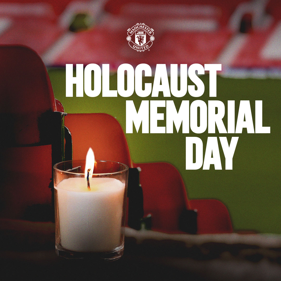 ManUtd's tweet photo. Today, Manchester United commemorates Holocaust Memorial Day.

Together with @ManUnitedJSC, we pledge to listen, learn and carry the legacies forward of the millions of innocent lives that were taken under persecution. 

🕯️💜