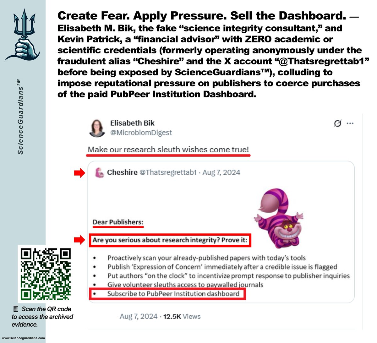 SciGuardians's tweet image. 🚨 SCANDAL UNFOLDING (CONTINUED): Create Fear, Apply Pressure, Sell the Dashboard — The PubPeer “PubSmear” Network Mob

As previously documented in our exposé, Elisabeth M. Bik, the fake “science integrity consultant” colludes with Kevin Patrick, a fraudulent “financial advisor”…