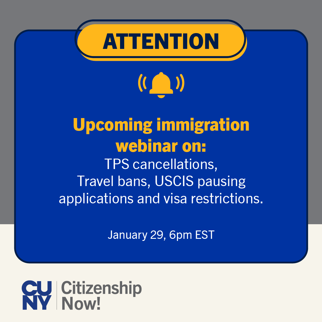 CUNYCitizenship's tweet photo. Come and listen to our expert immigration attorneys as they provide legal updates on the various changes to immigration policies. Join us this Thursday, January 29th, at 6 pm. Register at 🔗https://t.co/88UBW5QLfx. https://t.co/HilspPdiTj