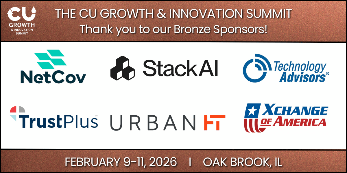 CUGrowthSummit's tweet photo. 👏 Shoutout to our Bronze Sponsors at #CUGI26!

NetCov | StackAI | Tech Advisors | TrustPlus | Urban FT | Xchange of America

These innovators are driving CU growth &amp; digital strategy.
🎟️ Register now: https://t.co/CQUCtrTGKC

#CreditUnions #Fintech https://t.co/QovOzFfiFJ