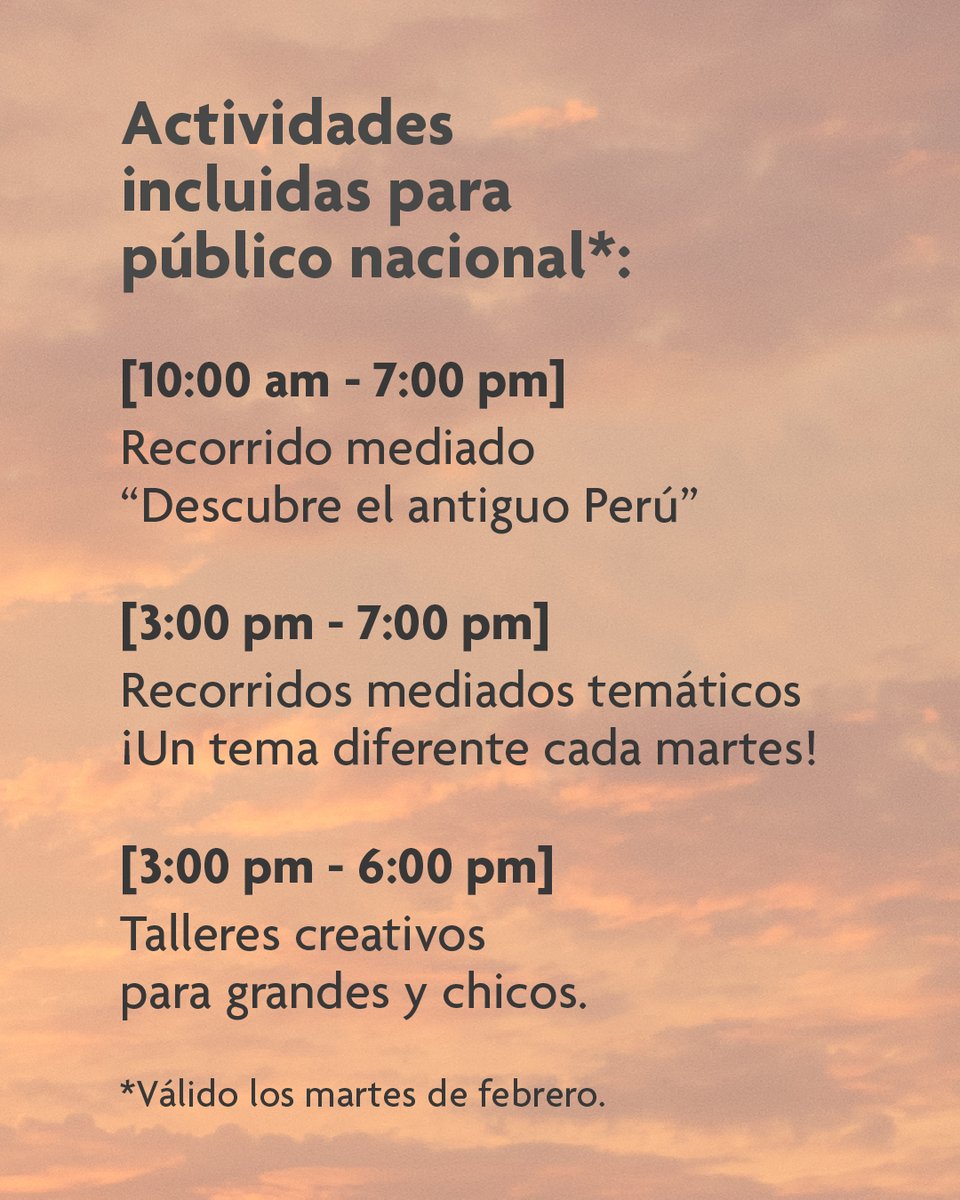 MuseoLarco's tweet photo. 🌞 ¡Vuelve la promo de verano para público nacional al Museo Larco! 🇵🇪
🗓️ Los martes de febrero, de 9 am a 9 pm.
🎟️ Entrada a S/15 (solo en la boletería el mismo día, mostrando DNI o CE).
✔ Incluye recorridos mediados y taller creativo.
👉🏼 +info ► https://t.co/CHA8cUR81L

��1/ https://t.co/tM6a546qh4