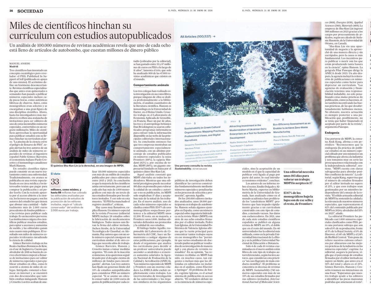 Miles de científicos hinchan su currículum con estudios autopublicados, según reporta El País en un artículo de Manuel Ansede.

Un análisis de 100.000 números especiales de revistas académicas revela que uno de cada ocho está lleno de artículos de autobombo del propio editor,