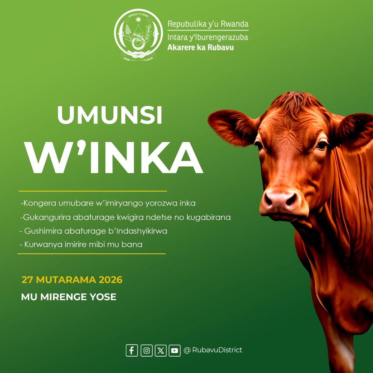 Umunsi w'Inka mu Karere ka Rubavu uzaba ejo kuwa 27 Mutarama 2026 ugamije:

🎯 Kongera umubare w'imiryango yorozwa inka,
🎯Gukangurira abaturage kwigira ndetse no kugabirana,
🎯 Kurwanya imirire mibi mu bana no
🎯 Gushimira abaturage b'indashyikirwa.

#UmuturageKuIsonga