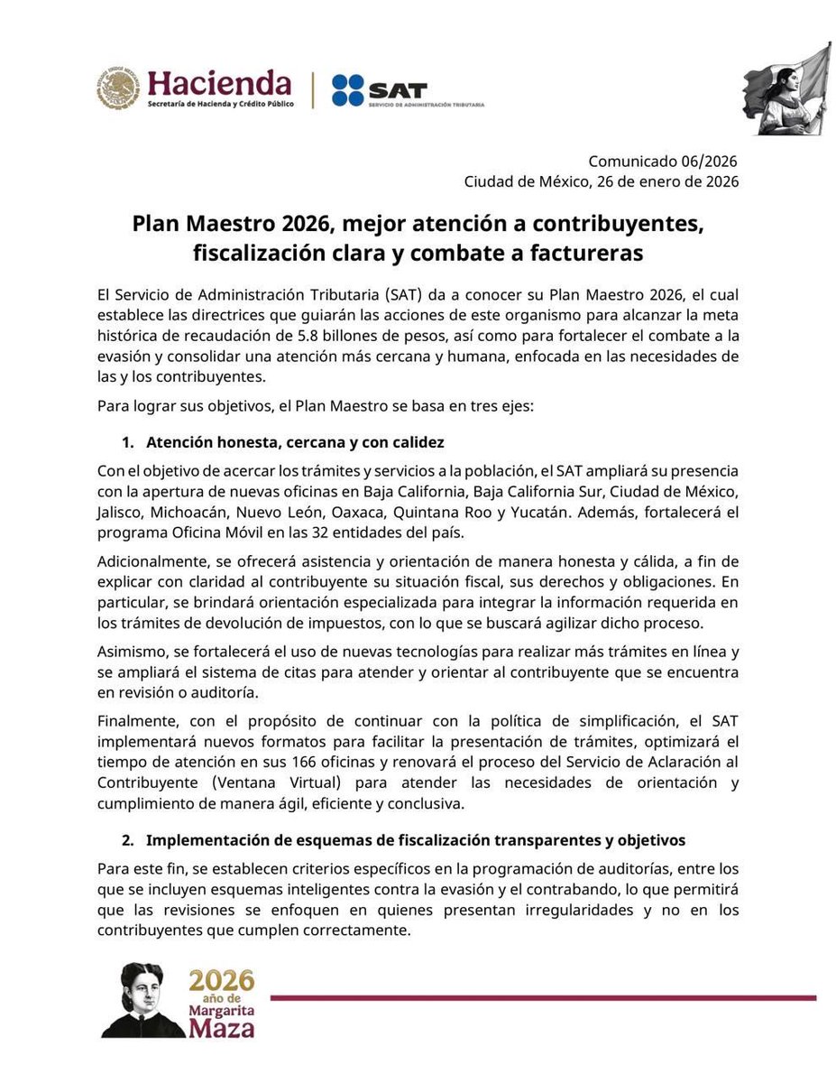 erdl7's tweet photo. Comunicado SAT 06/2026: El SAT da a conocer su 𝗣𝗹𝗮𝗻 𝗠𝗮𝗲𝘀𝘁𝗿𝗼 𝟮𝟬𝟮𝟲 el cual establece las directrices que guiarán las acciones de este organismo para alcanzar la meta histórica de recaudación de 5.8 billones de pesos. https://t.co/SdzST92sDl