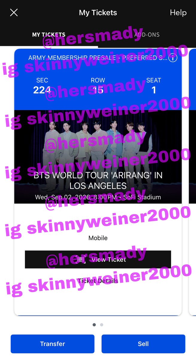 hersmady's tweet photo. wtt !!

2x bts world tour ‘arirang’ in los angeles (LA) army membership presale tickets 
- when: september 2nd 8:00 PM (09/02/2026)
- sec 224 row 15 seat 1-2

iso:
- 2x bts world tour ‘arirang’ in LAS VEGAS (LV) tickets
- preferably section 100s-200s

will show proof of purchase https://t.co/i53FIvSLFQ