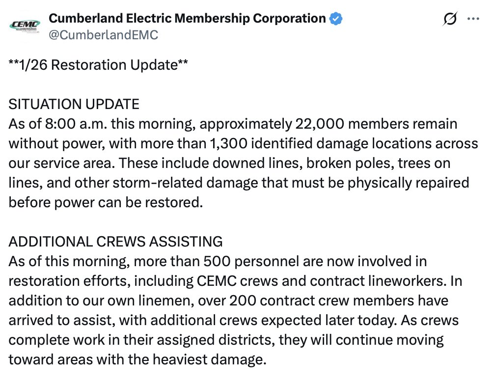 .<a href="/NESpower/">Nashville Electric Service</a> is vastly understaffed. They've got ~300 linemen working ~175k outages across the area (>500 outages per lineman).

Meanwhile, <a href="/CumberlandEMC/">Cumberland Electric Membership Corporation</a> has ~500 lineman taking on 22,000 outages (44 outages per lineman).

Unacceptable.