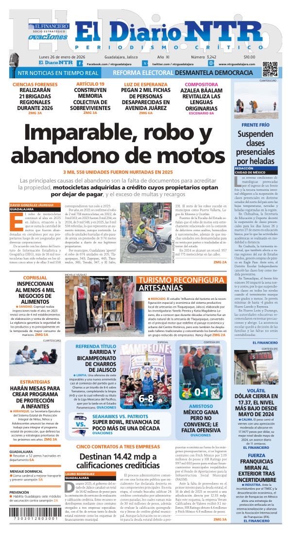 Buenos días. En nuestra portada de hoy, en Jalisco se roban en promedio casi diez motocicletas al día. La nota de <a href="/davidgj71/">David González Jáuregui</a> <a href="/NTRGuadalajara/">El Diario NTR Guadalajara</a>
