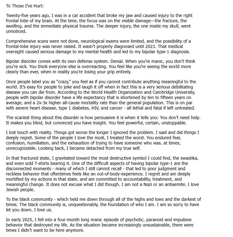 HipHopAllDay's tweet image. Kanye West apologizes and reflects on his actions via a new ad in The Wall Street Journal.

Ye claims he deeply regrets his comments towards the Jewish and Black communities, and says it stems from a now diagnosed brain dating back to his 2002 car crash.

"To Those I’ve Hurt:

25…