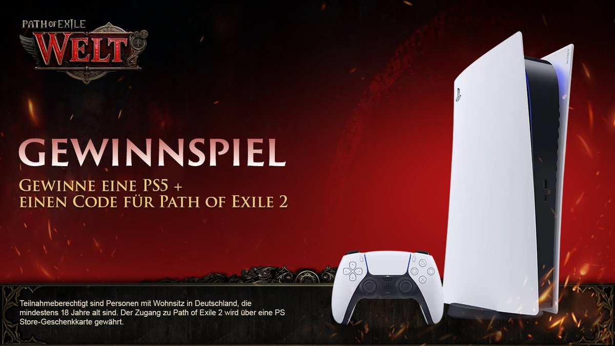 🔥PS5 GIVEAWAY 🔥
Zur Feier des aktuellen “Last of the Druids” - Path 0.4 von Path of Exile 2 werden @Poe2welt und ich euch die Chance geben, eine PlayStation 5 sowie einen Download-Code für POE2 zu gewinnen.  

So nehmt ihr Teil:  
🔁RT
✅Folgt @PoE2welt &amp; mir  

Gezogen wird am