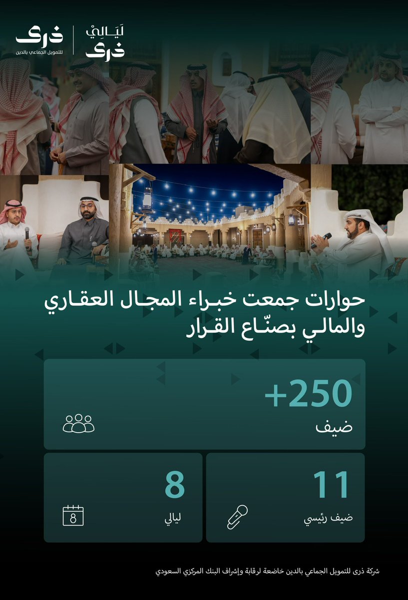 نختتم موسم #ليالي_ذرى بعد سلسلة من اللقاءات التي جمعت نخبة من صناع القرار في القطاع العقاري والمالي، في مساحة حوار اتسمت بالعمق وتبادل الخبرات.

شكرًا لكل من حضر وشارك وساهم في نجاح هذا الموسم.