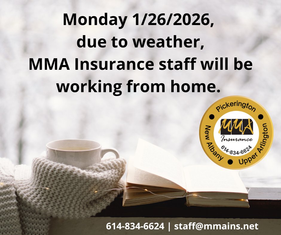 MMAInsuranceOH's tweet photo. Monday 1/26/2026, due to weather, MMA Insurance staff will be working remotely. Feel free to give us a call 614-834-6624 or email us at staff@mmains.net should you need something.

Stay safe &amp; warm. https://t.co/LEhtBi8CL5