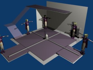 At one time in early development of my 3D engine, supposedly incorrect projections of the models in the 3D scene were driving me nuts! So I created this test scene to once and for all debug the problem. Lamina should be exactly the size of the figures in the image, and be at