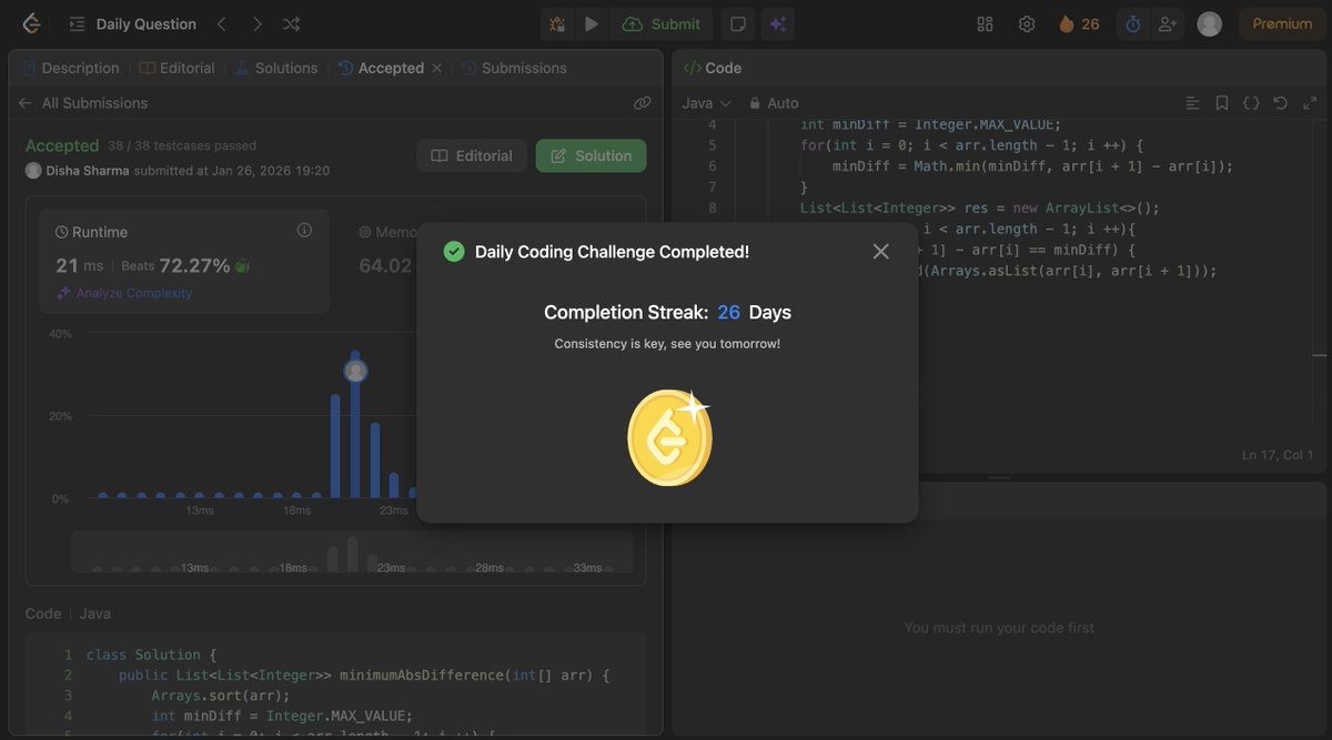dsharma_14's tweet photo. 📅 Day 26  

🔥 Solved LeetCode POTD – Minimum Absolute Difference (1200)

Quick takeaway:
Sorting first makes the minimum difference obvious.

#LeetCode #DSA #DailyCoding https://t.co/2UIyKpnnfb