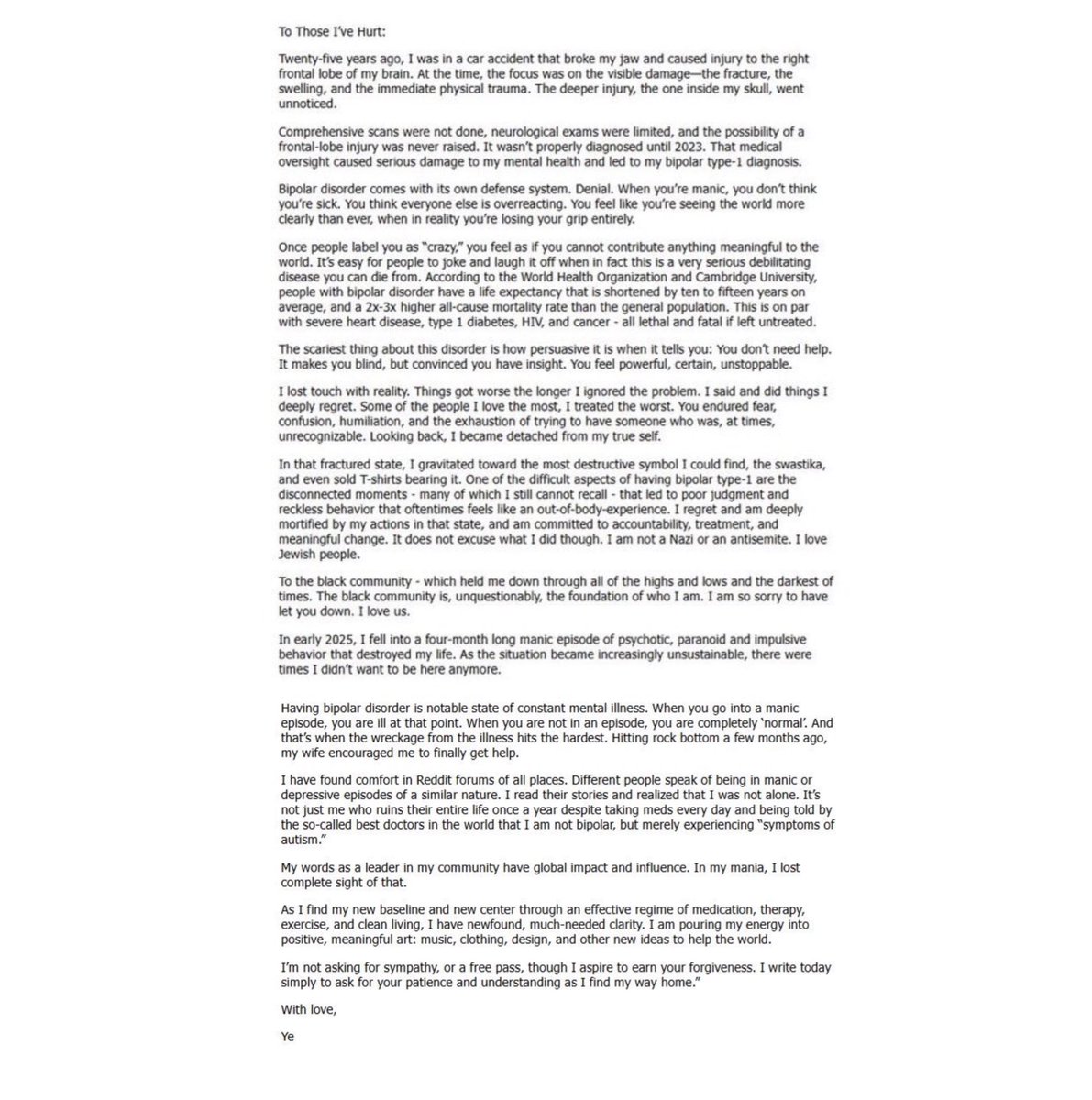 FearedBuck's tweet image. Ye issues an apology for his antisemitic comments 

“I regret and am deeply mortified by my actions in that state, and am committed to accountability, treatment, and meaningful change. It does not excuse what I did though… I am not a Nazi or an antisemite. I love Jewish people……