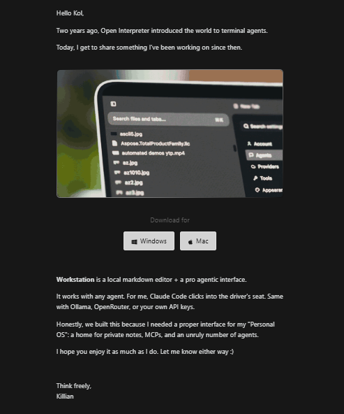 Workstation email screenshot