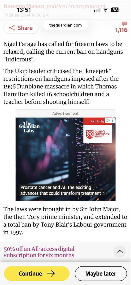EmmaCP30's tweet photo. Putting in laws in reaction to the mass murder of 5 &amp; 6 year olds and their teachers was “kneejerk” was it? There have been no mass school shootings in the UK since. This is politics actually working. And Farage was against it. https://t.co/WiJfFLiZxE