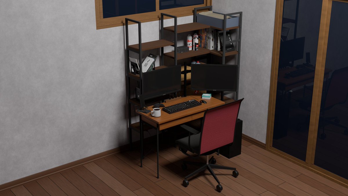 NovaNull1's tweet photo. #blender #3DCG #modeling #b3d 
棚と机の環境、作り直し https://t.co/w6yFBCNPLG