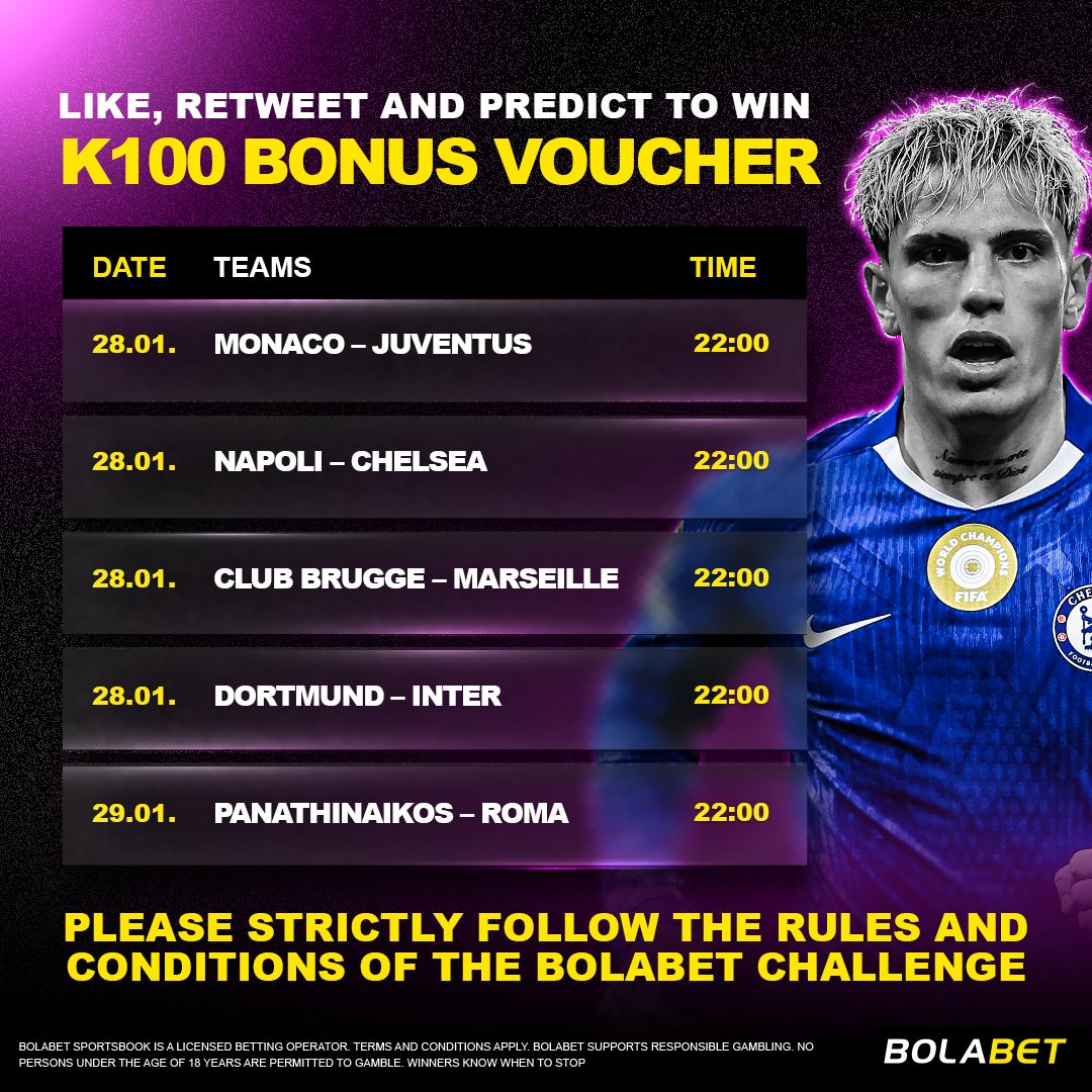 Bolabet_Zambia's tweet photo. LIKE, RETWEET &amp; REPLY WITH YOUR PREDICTED OUTCOME OF 5 MATCHES AND WIN K100!

- All replies should be published before 22:00h 28th January 2026.
- You must be over the age of 18 to participate
- https://t.co/m1LIDTk03H

TERMS &amp; CONDITIONS
👉🏿 https://t.co/YCTKsJm5pj 👈 https://t.co/k5JD6CgeaS