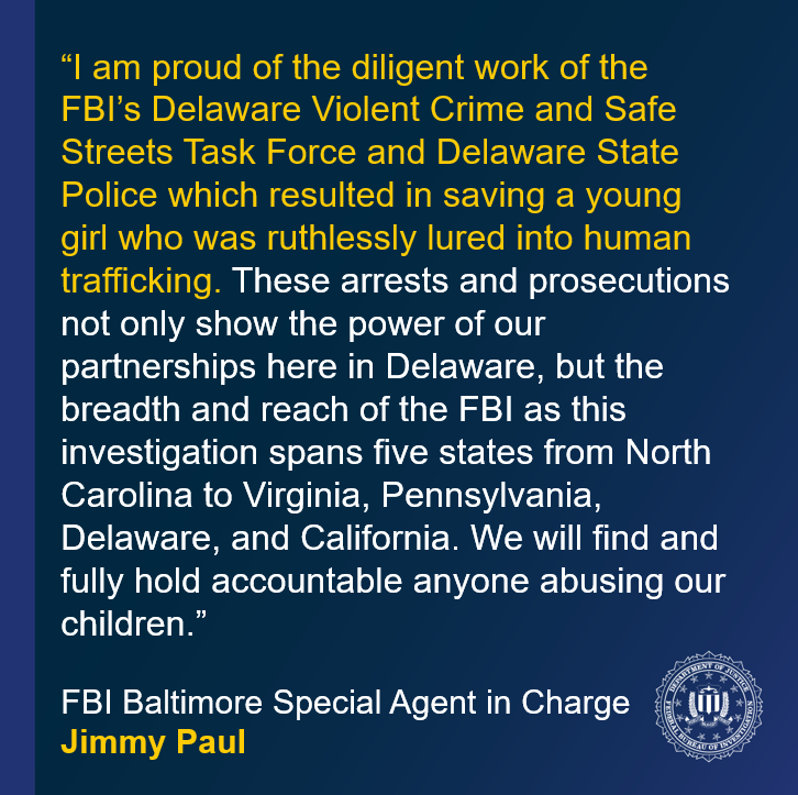 FBI's tweet photo. CASE UPDATE from @FBIBaltimore: Jamar Geeter, 38, Jada Hasty, 29, and Khloe Gregory, 21, have been arrested by the #FBI and our partners and are charged with trafficking a minor across state lines for prostitution.

According to court documents, Geeter met the minor victim through social media.  When the victim said she had a difficult home life, Geeter promised to help her and convinced her to travel from NC to PA where she was picked up by Hasty and Gregory. The trio exerted control over the victim, including by destroying her personal phone and taking her social-security card and birth certificate.  Geeter also made threats of violence towards the victim and her family if the victim left or did not otherwise comply with their rules. Eventually, the victim was able to get away and ask a stranger to contact 911.

Read more about the investigation: https://t.co/5pBt2b3nBO