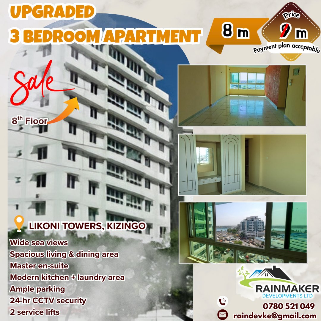 KeRainmaker's tweet image. 🔥New year Hot Deal!: 3-Bedroom Apartment – Kizingo
🛗 8th Floor | 2,400 sqft | Stunning Ocean Views
🏡 Master En-Suite | Lift Access | Ample Parking | 24/7 Security
💰 NOW KES 8M (Flexible Payment Options Available)

📞 0780521049 | 📧 raindevke@gmail.com