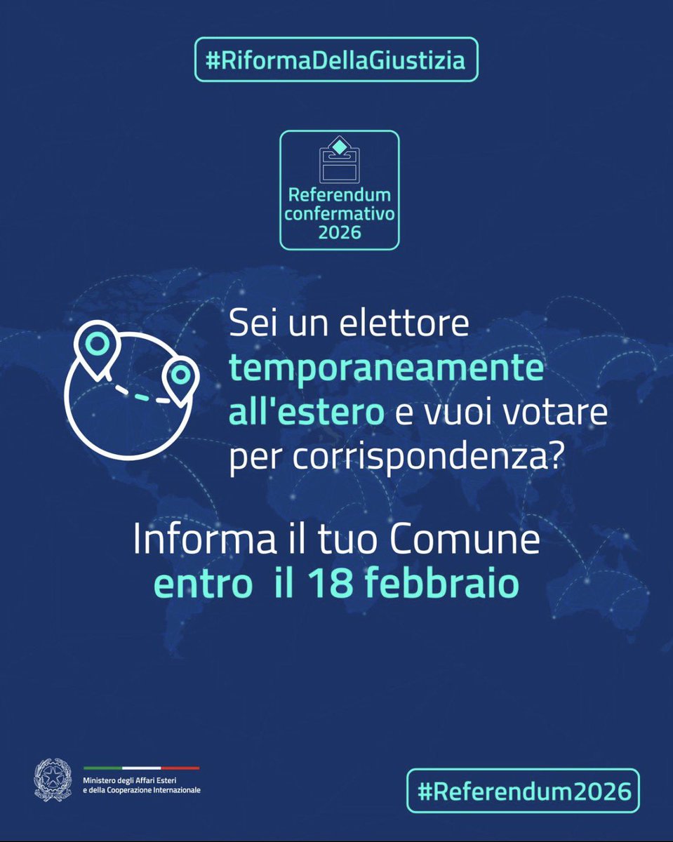 ItalyinParis's tweet photo. #Referendum2026
Sei un elettore temporaneamente all'estero per almeno 3 mesi per motivi di studio, lavoro o cure mediche e vuoi votare per corrispondenza?
Contatta il tuo Comune entro il 18 febbraio 👉https://t.co/inD7A2bGFE https://t.co/9EnX9cEOGD