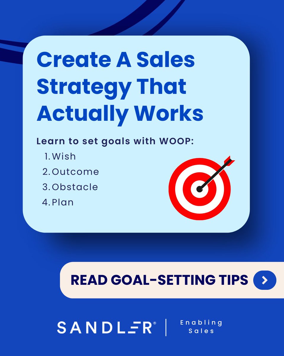 SandlerofPlano's tweet image. New year, better sales? It starts with a strategy that actually works. Skip lofty goals you’ll forget and rethink goal-setting with the simple, practical WOOP framework: Wish. Outcome. Obstacle. Plan.

Read more: 1l.ink/JSV8MMN

#HowToSetGoals #SalesStrategy