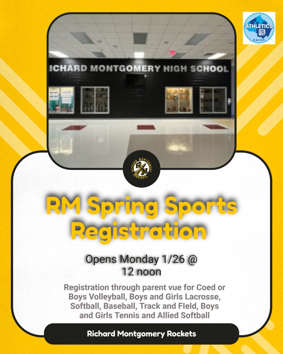 RocketsSportsRM's tweet photo. 🚨 RM Spring Sports Update:

Registration opens TODAY!

✅ Where to Register: Parent Vue Portal ℹ️ More Info: https://t.co/s8BmyQAx9t

Get signed up and let's get ready for a great season! 🚀 #GoRockets https://t.co/UHdcJOkVzP