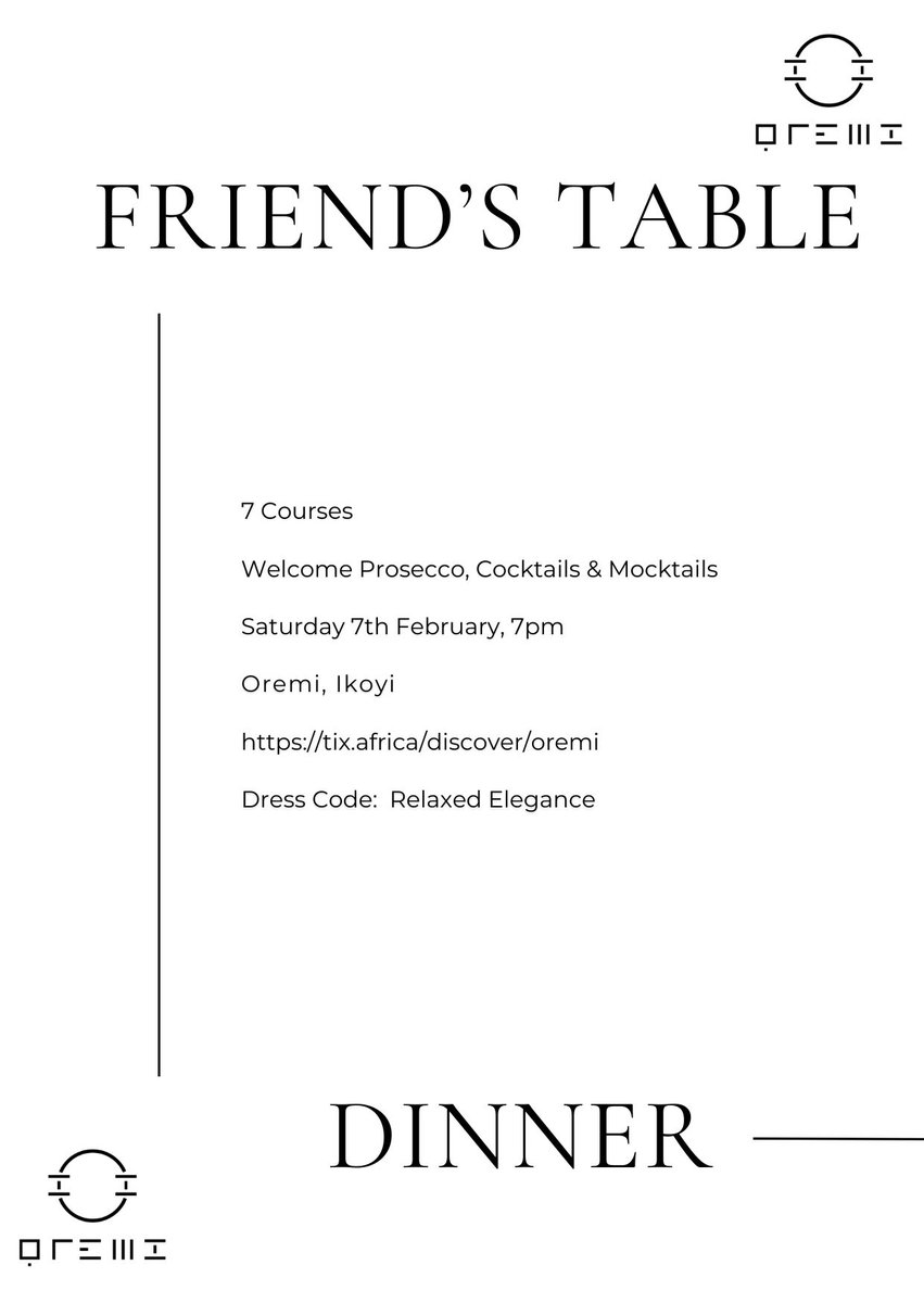 Hey guys!!! Doing an open table At Oremi on the 7th of February cause you asked for it!

7 amazing courses. Welcome prosecco. Coktails and mocktails crafted by me. 

Get your tickets here: tix.africa/discover/oremi