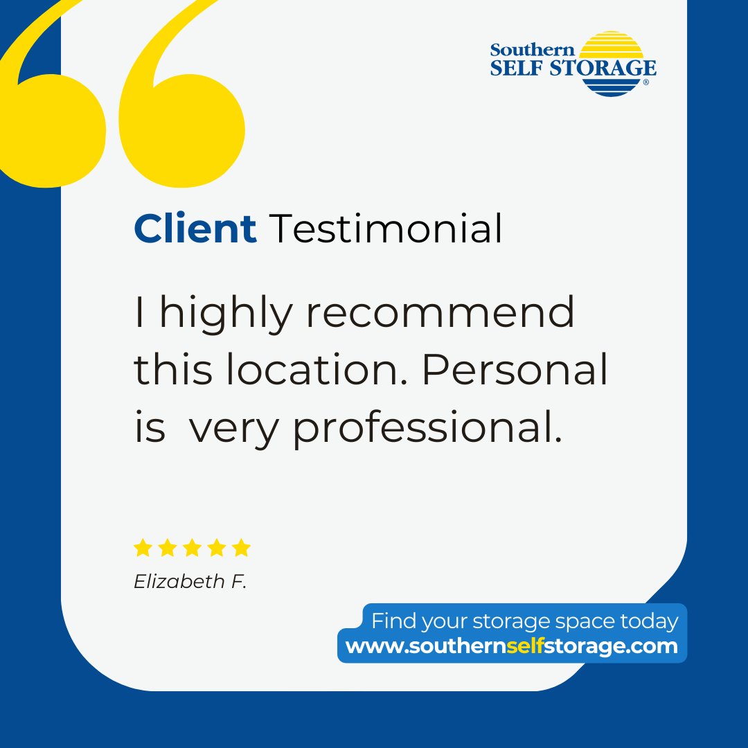 We appreciate your feedback! 💫
See more at southernselfstorage.com
.
.
.
.
#residentialstorage #businessstorage #vehiclestorage #parking #packingsupplies #personalstorage #commercialstorage #climatecontrolledstorage #findyourunit #boatstorage #rvstorage #declutter #clutter