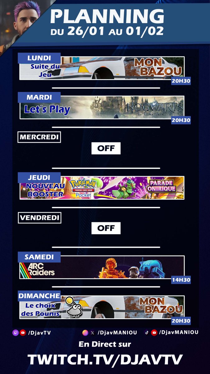 Bien le bonjour ! Voici le planning de Stream de la semaine a venir ! 2 changements a noter. Mercredi devient un jour OFF et le Stream de samedi sera en après midi !