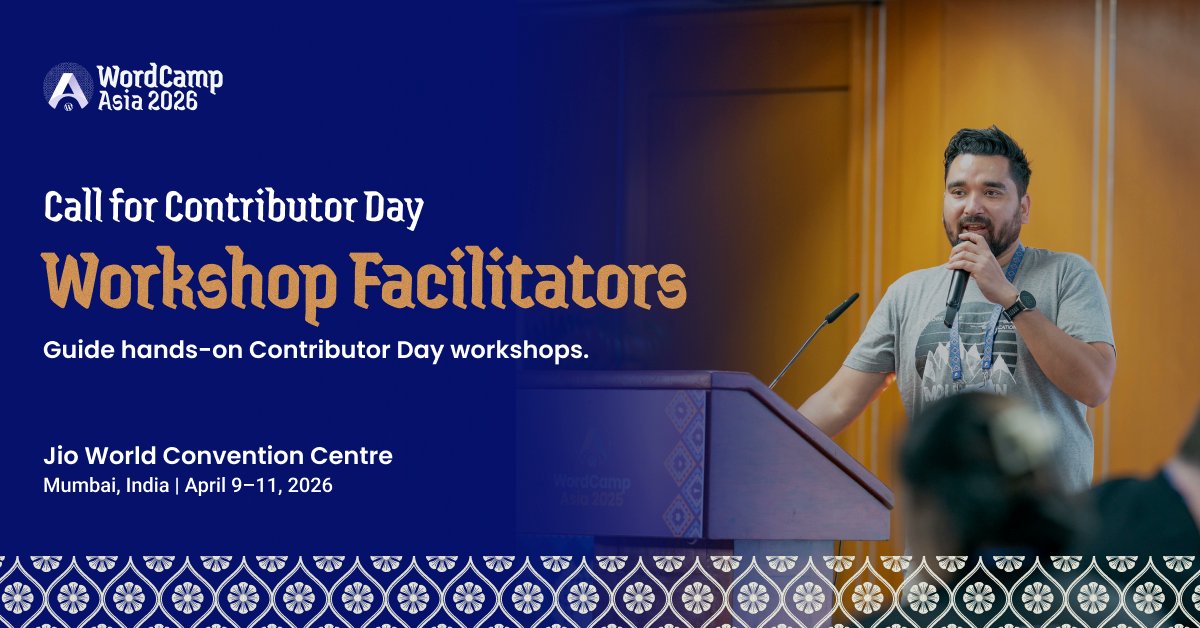 WordCamp Asia is trying something new for Contributor Day in Mumbai 👀

Alongside the usual contributor teams, they’re adding hands-on beginner workshops to help bring more new people into WordPress at one of our biggest community events.

They’re now looking for Workshop