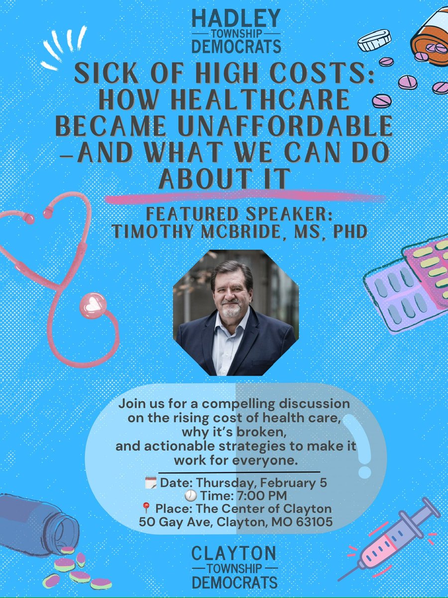 🔥💊 SICK OF HIGH COSTS? 💊🔥
Healthcare is draining wallets — and it doesn’t have to.

🧠 How Healthcare Became Unaffordable — and What We Can Do About It
🎤 Featuring Timothy McBride, MS, PhD

📅 Feb 5 | ⏰ 7 PM
📍 The Center of Clayton
