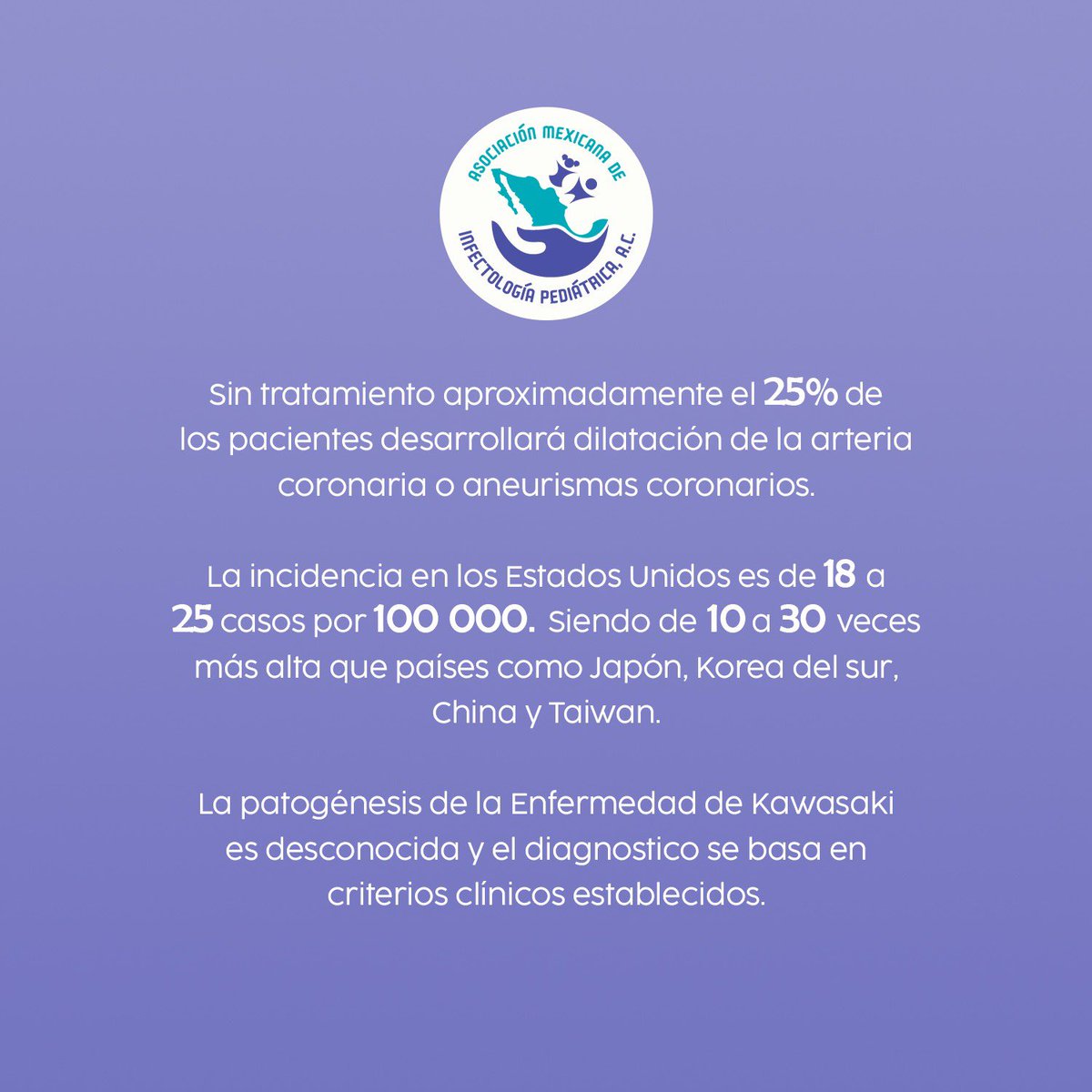 amip_mx's tweet photo. ⸻

🟣 26 de enero | Día Mundial de la Enfermedad de Kawasaki

🫀 Reconocerla a tiempo es importante .
Educar, sospechar y tratar oportunamente sí cambia el pronóstico.

📚 Fuente: Circulation 2024;150:0481–e500.
DOI: 10.1161/CIR.0000000000001295

#EnfermedadDeKawasaki  #AMIP https://t.co/dPpeGVzmg3