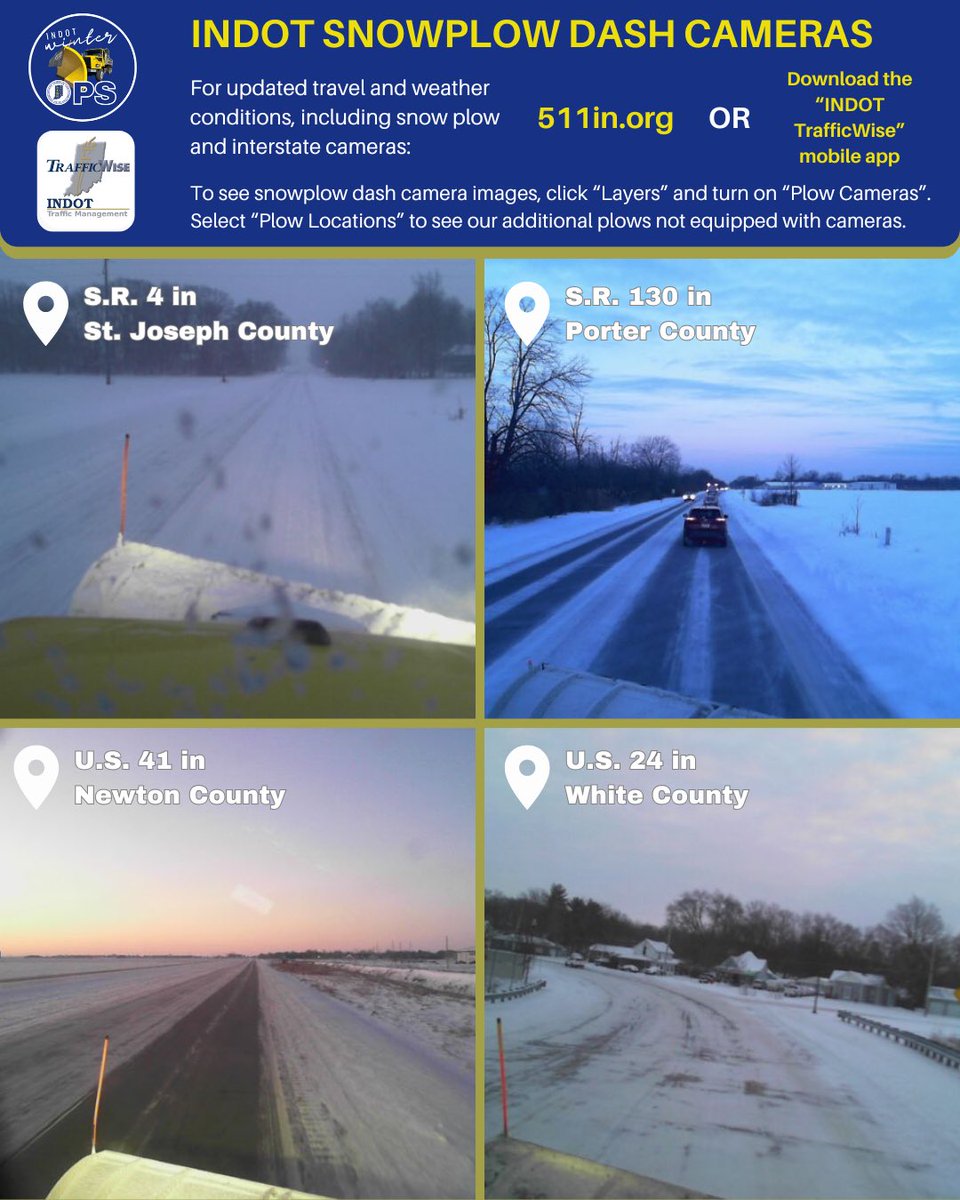 #INDOTWinterOps: Conditions vary significantly around the district. Areas that received lake effect have the most work ahead of them. Blowing &amp; drifting snow is going to be an issue across the district today. #YellowTrucks remain out at full capacity. ☀️ &amp; 🧂 should help today.