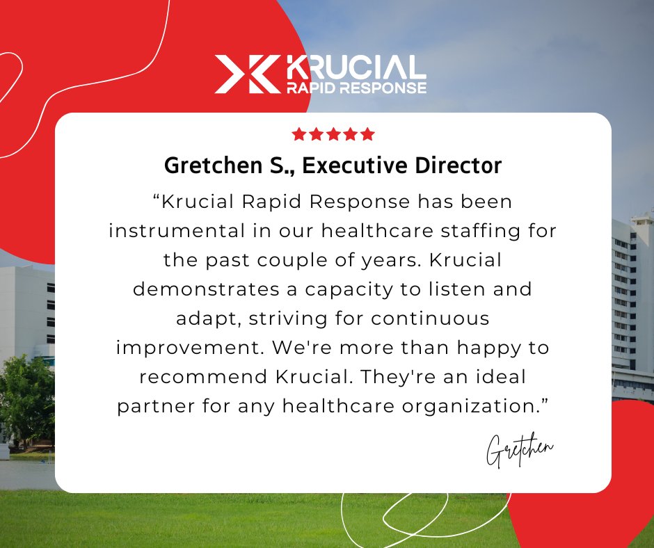 ✅ 56,000+ assignments completed around the country

✅ 35,000+ deployed personnel

✅ 1,000+ partners served

Krucial Rapid Response is the nation’s No. 1 non-profit medical/non-medical staffing organization.

How can we help YOU?

➡️ krucialrr.org/services