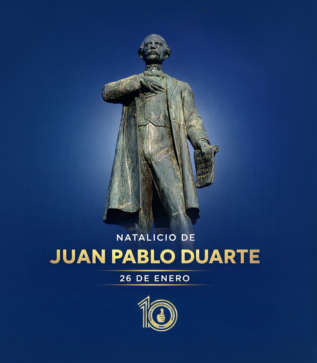 A 213 años del natalicio de Juan Pablo Duarte, honramos al Padre de la Patria y fundador de La Trinitaria. Su amor por la libertad y la democracia hizo posible nuestra Independencia en 1844, bajo el ideal que aún nos une: Dios, Patria y Libertad. 🇩🇴

¡Honor eterno a su legado!