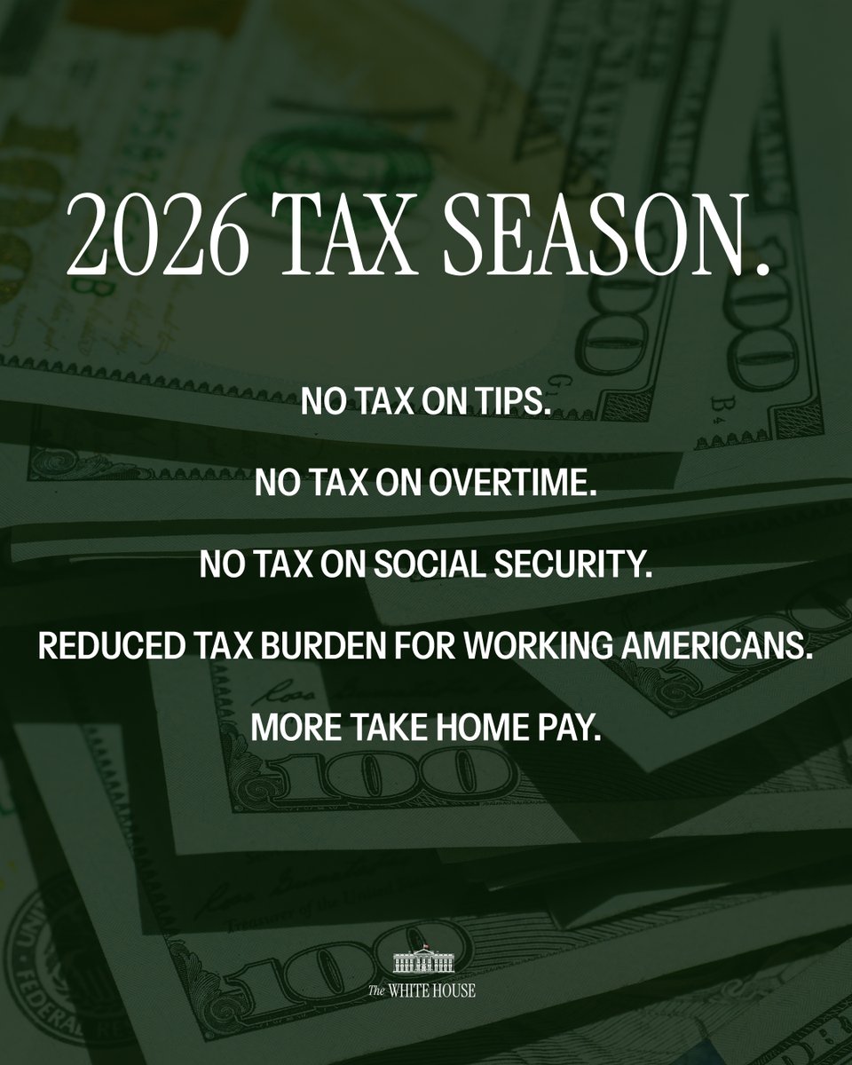 WhiteHouse's tweet image. Tax season begins today!

Thanks to President Trump's Working Families Tax Cuts, Americans will reap the benefits of a HISTORIC 2026 tax season, with the largest tax cut in U.S. history. 💰