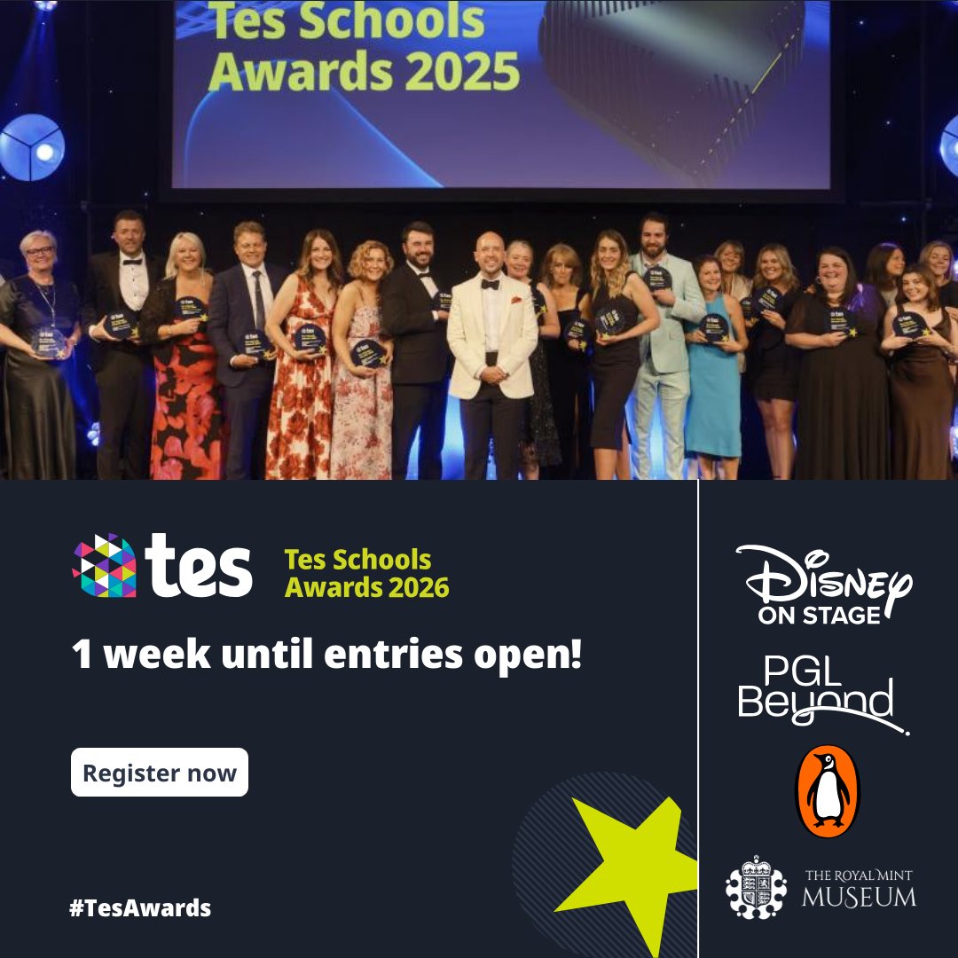 We’re just days away from the Tes Schools Awards 2026 entries opening!🎉
Whether it's innovation in the classroom, outstanding leadership or whole-school achievements, we're here to celebrate excellence in education🏆

Register your interest now🔗 eu1.hubs.ly/H0rbs6k0